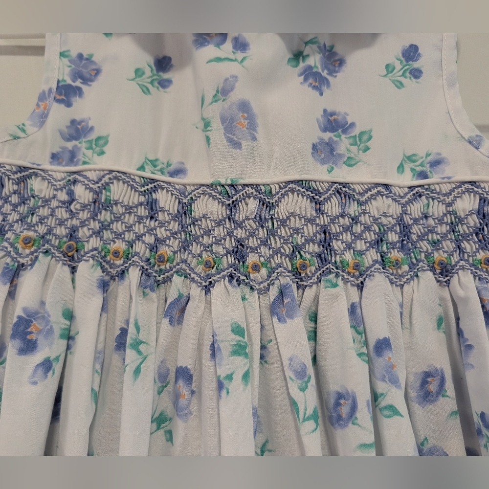 Rare Editions White Dress with Blue Floral Smocking Girls Size 4T - Picture 3 of 7